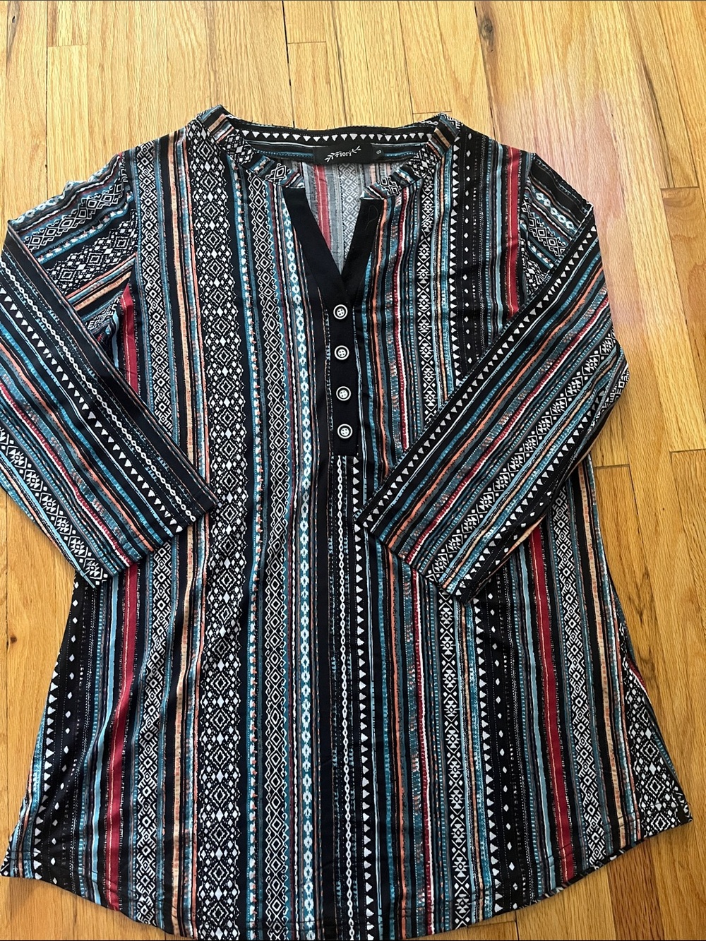 Striped Henley Tunic with Aztec Print - Black, Teal & Rust